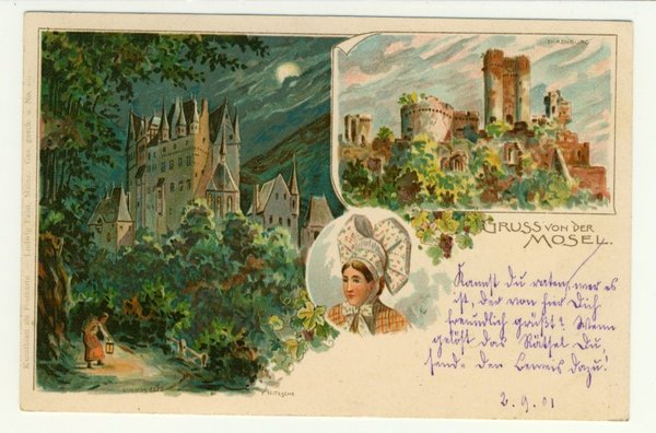 Ansichtskarte Gruß von der Mosel mit Burg Eltz 1901