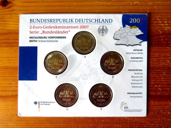 Münze BRD 2 Euro-Satz 2007 (A, D, F, G, J) Stempelglanz Mecklenburg-Vorpommern Schloss Schwerin