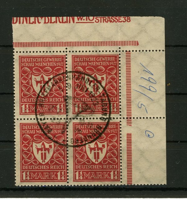 Briefmarke  Deutsches Reich 199 d  im Viererblock gestempelt