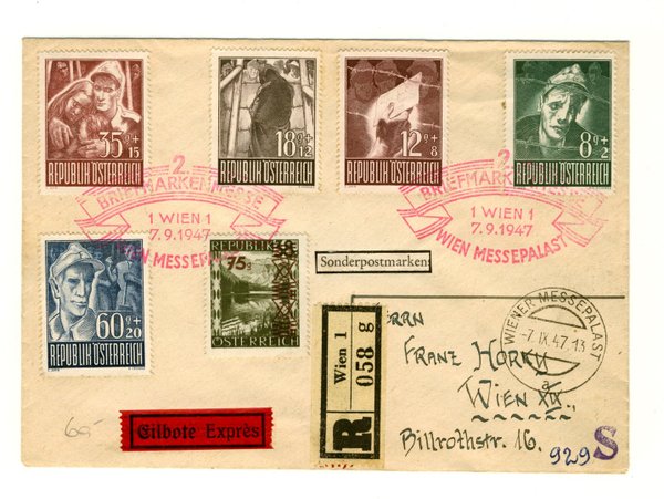 Brief Österreich 829/33 und 835 von der Briefmarkenmesse Wien 1947