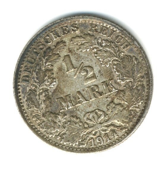 Münze Deutsches Reich 1/2 M 1914 A. 2,5 g Silber!