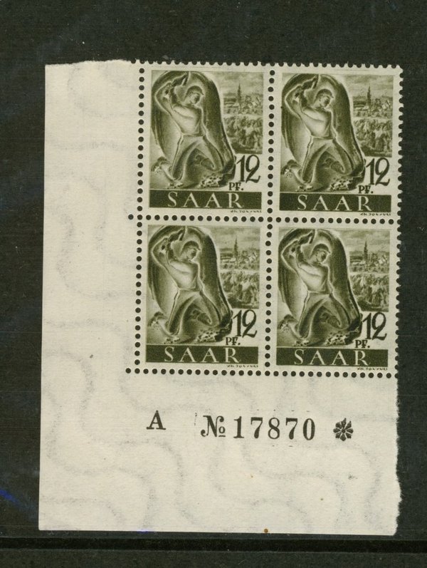 Briefmarke Saarland 211 ** ER Viererblock mit Bogennummer