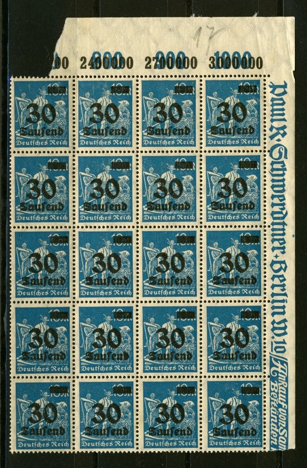 Briefmarke Deutsches Reich 284 ** POR 20 er Block