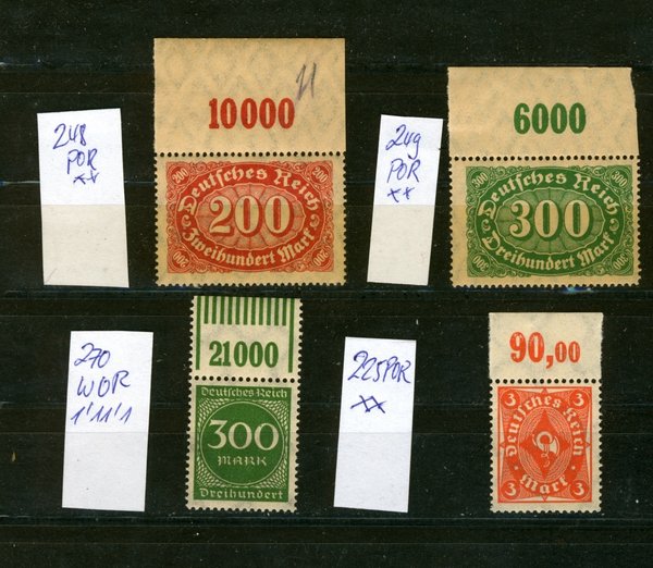 Briefmarke Deutsches Reich 248 ** POR, 249 ** POR, 270 ** WOR 1'11'1, 225 ** POR