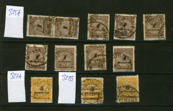 Briefmarke Deutsches Reich 325 A, 327 A, 327 B gestempelt mehrfach wie abgebildet