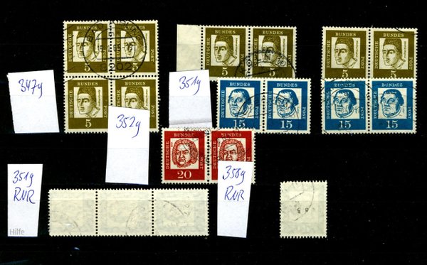Briefmarke BRD ex 347 / 358 gestempelt waagrechte Pärchen, Rollennummer usw. wie abgebildet