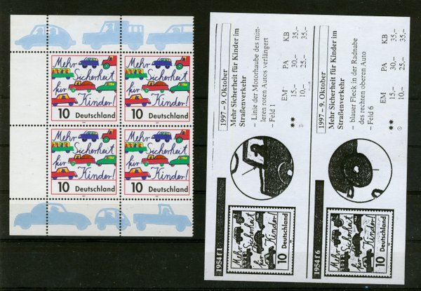 Briefmarke BRD  1954 ** Viererblock Plattenfehler f1 und f6 nach Schantl