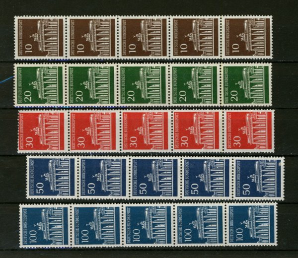 Briefmarke BRD  506/10 v ** Fünferstreifen mit Rollennummer!