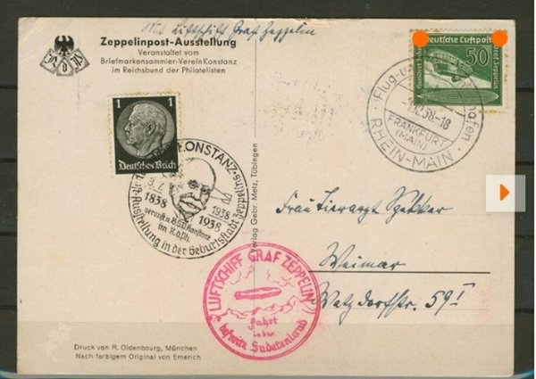 Ansichtskarte Zeppelinkarte. Sudetenlandfahrt 1938 mit Mi 670