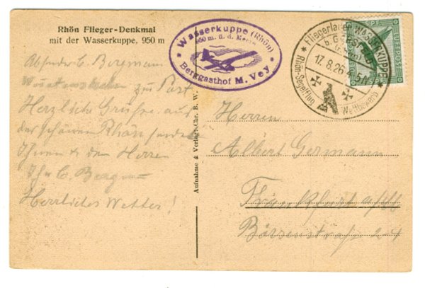 Brief / Ansichtskarte Deutsches Reich 378 EF Wasserkuppe / Fliegerdenkmal
