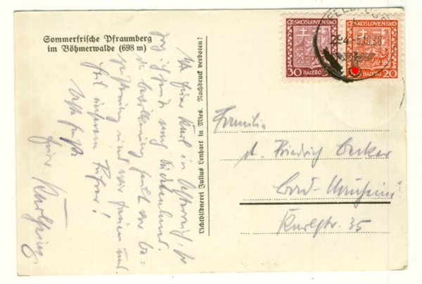 Brief / Ansichtskarte  Sudetenland Feldpost mit Tschechoslowakei 279 und 281. Pfraumberg