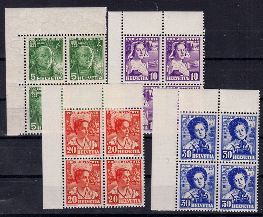 Briefmarken Schweiz 306-09 ** 4er Blöcke