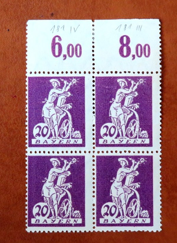 Briefmarke Bayern 181 ** Viererblock OR mit PF IV und PF III
