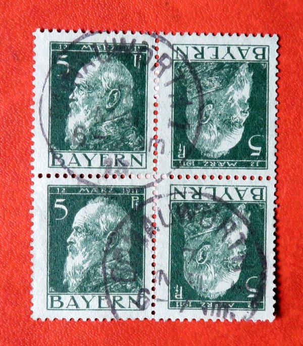 Briefmarke Bayern K1 II o Kehrdruck der 77 als Viererblock