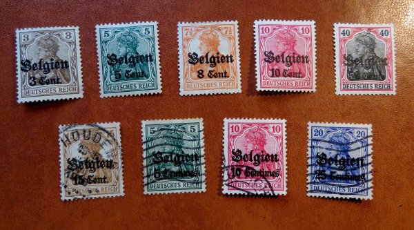 Briefmarke Deutsche Besetzung 1. Weltkrieg Belgien 2/4 o und ex 10/20 *