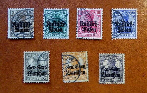 Briefmarke Deutsche Besetzung 1. Weltkrieg Polen 1/4, 6, 9 und 12 o
