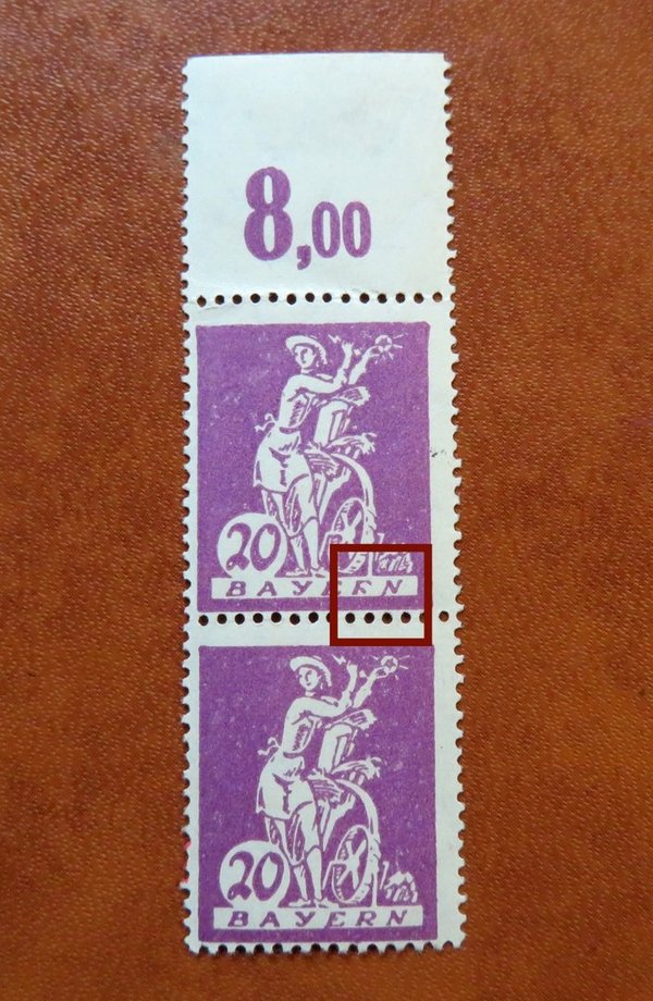 Briefmarke Bayern 181 OR ** senkrechtes Pärchen oben  Plattenfehler III / OR *