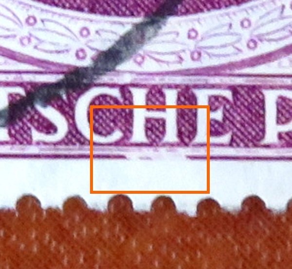 Briefmarke Berlin 79 o,  Abart untere Randlinie bei H unterbrochen!