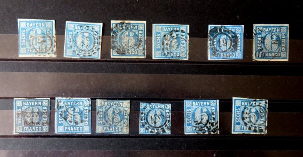 Briefmarke Bayern 10. Lot von 12 Marken. Nicht nach Farben und Stempel untersucht!