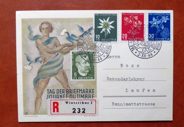 Ansichtskarte Schweiz Tag der Briefmarke 1944 mit Satz 439/42