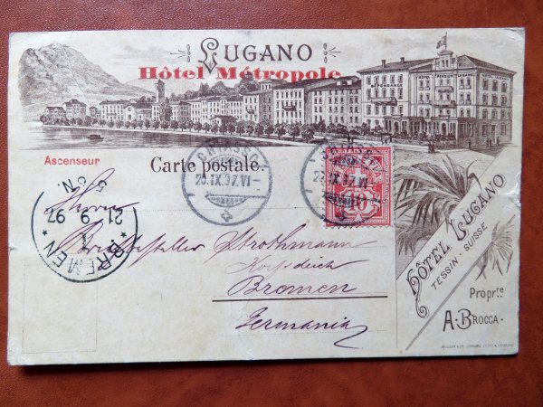 Ansichtskarte Schweiz Lugano Hotel Métropole 1897 nach Bremen geschickt