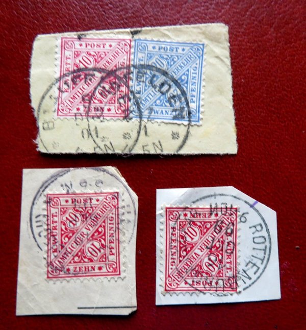 Briefmarke Württemberg 203/04 o auf 3 Briefstücken, dabei 3 x 203