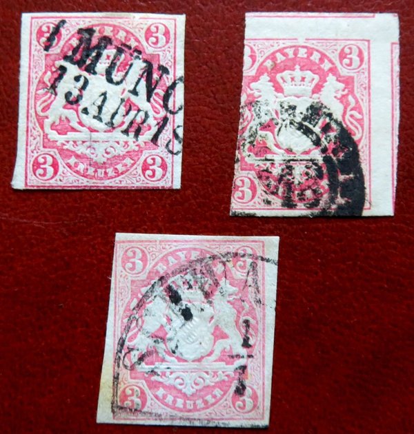 Briefmarke Bayern 15 o, 3 Marken mit Rahmenbruch