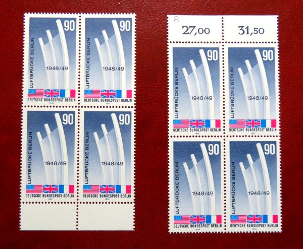 Briefmarke Berlin 466 ** OR / UR, 2 Viererblöcke mit Nummer 8 am OR