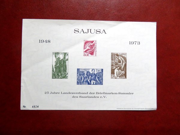 Briefmarke Saarland Gedenkblatt SAJUSA 1973 mit Marken ND von 1948