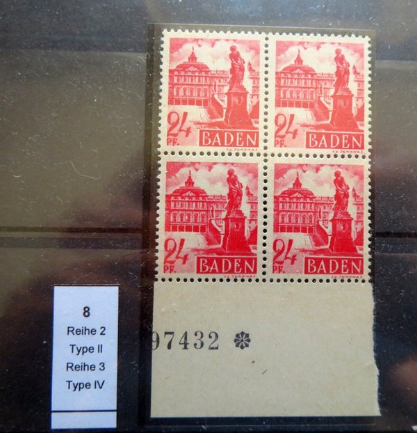 Briefmarke Französische Zone Baden 8 ** Typ II und IV Viererblock vom UR