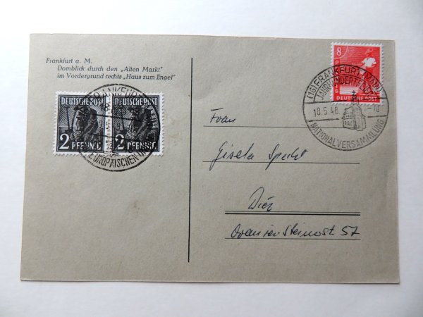 Brief Alliierte Zone /  Ansichtskarte Frankfurt 943 und 945 MiF aus dem Jahr 1948
