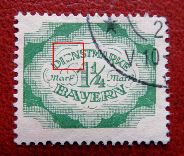 Briefmarke Bayern DM 57 I. Plattenfehler bei "e" von "Dienst". Stempel wohl Gefälligkeitsstempel!