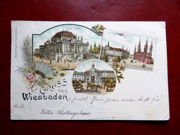 Ansichtskarte  Wiesbaden 1898. Litho mit verschiedenen Ansichten!
