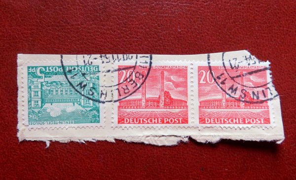 Briefmarke Berlin 44 o und 113 o waagrechtes Pärchen auf Briefstück