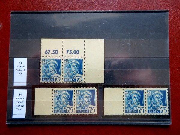 Briefmarke Französische Zone Baden 11 ** verschiedene Typen u.a. ER OR