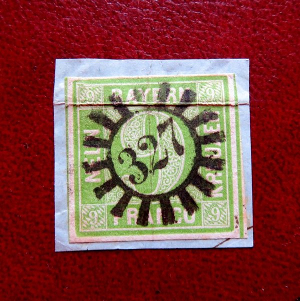 Briefmarke Bayern 5 o mit Mühlradstempel 327. Marke auf Briefstück mit Bug