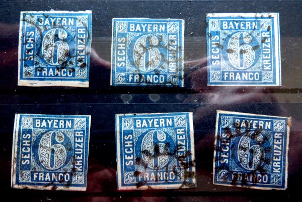 Briefmarke Bayern 10. Lot von 6 Marken. Nicht nach Farben und Stempel untersucht!